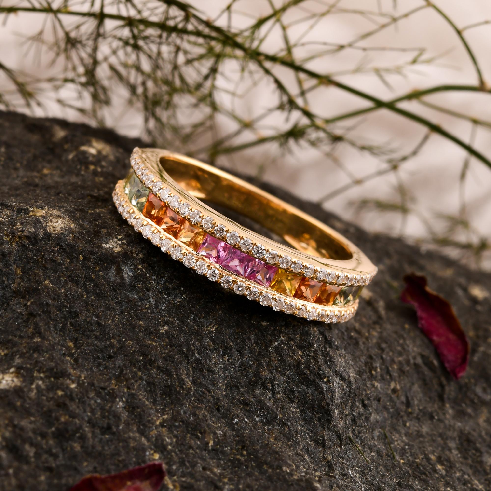 Multi Sapphire Gemstone Ring SI Clarity HI Color Diamond 14 Karat Yellow Gold For Sale 1