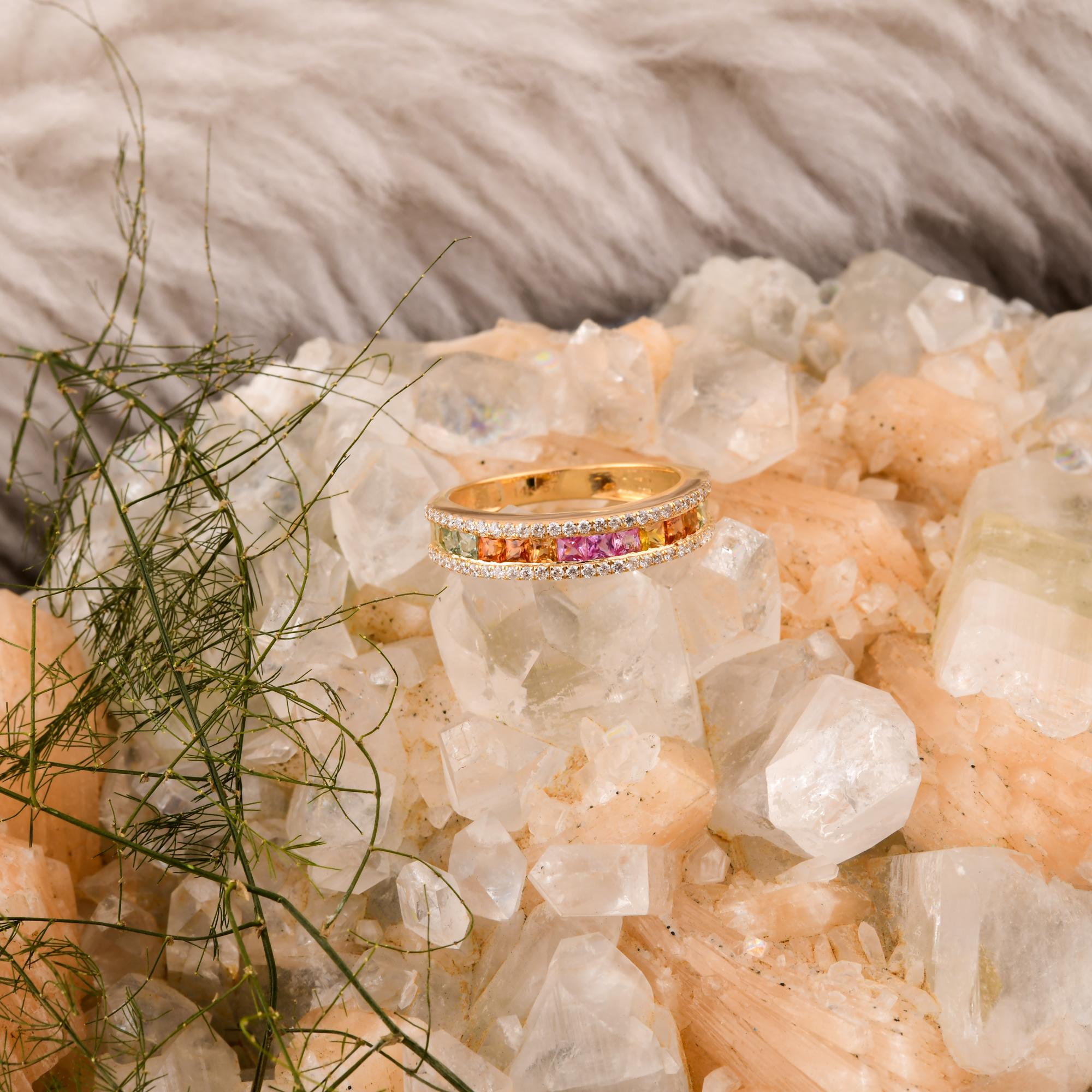 Multi Sapphire Gemstone Ring SI Clarity HI Color Diamond 14 Karat Yellow Gold For Sale 3