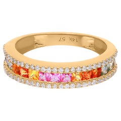 Anillo de Piedras Preciosas Zafiro Múltiple SI Claridad HI Color Diamante 14 Kilates Oro Amarillo