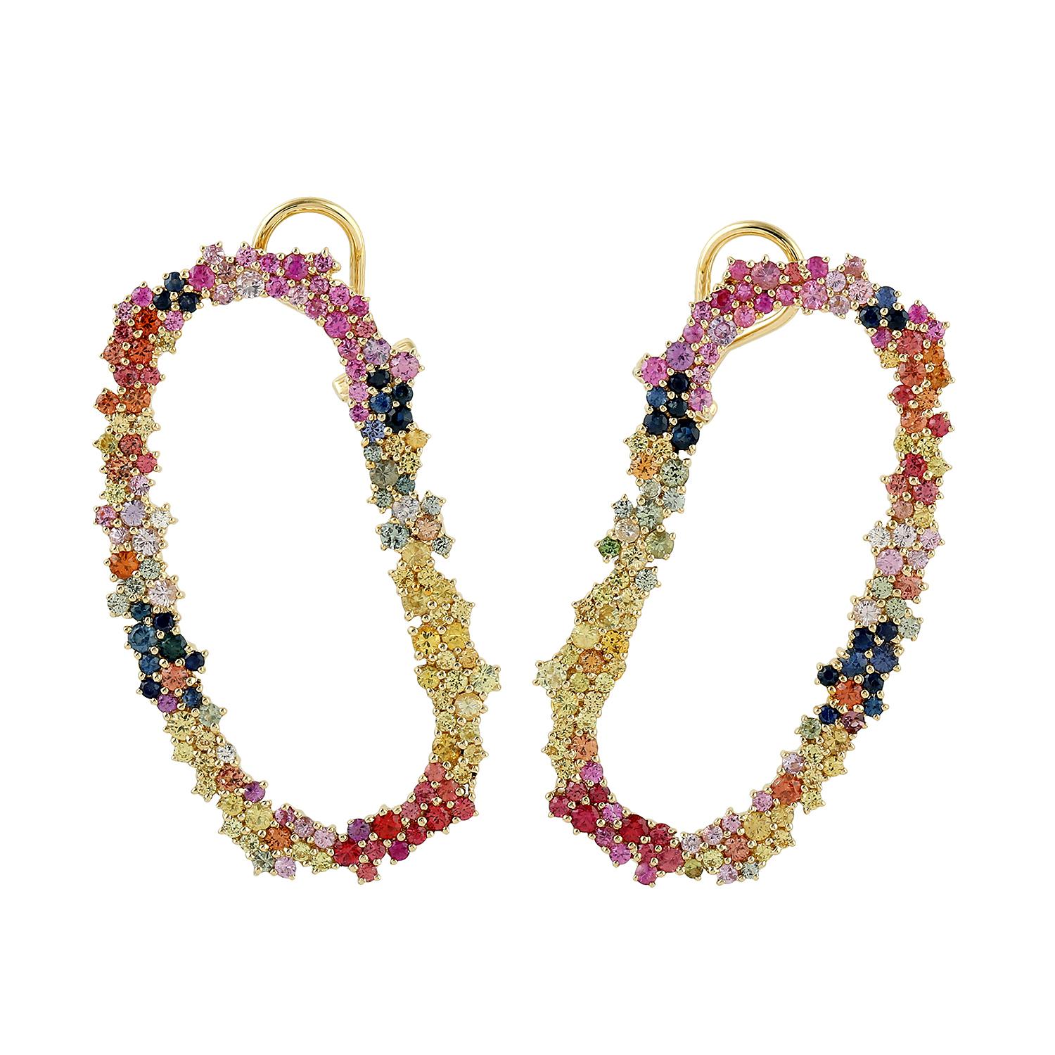 Mixed Cut Multi Sapphire Handmade Stud Earrings Made In 18k Yellow Gold For Sale