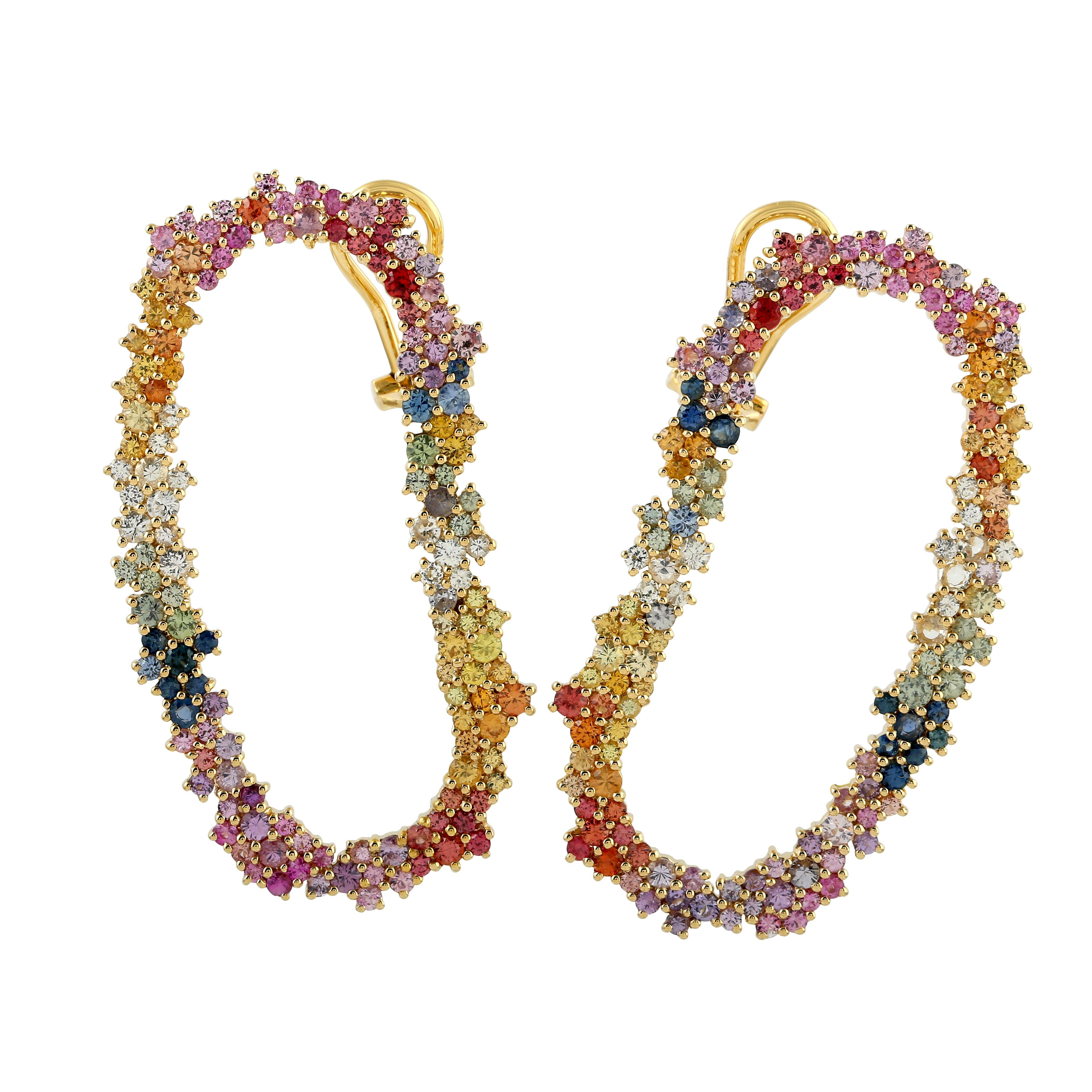Multi Sapphire Handmade Stud Earrings Made In 18k Yellow Gold In New Condition For Sale In New York, NY