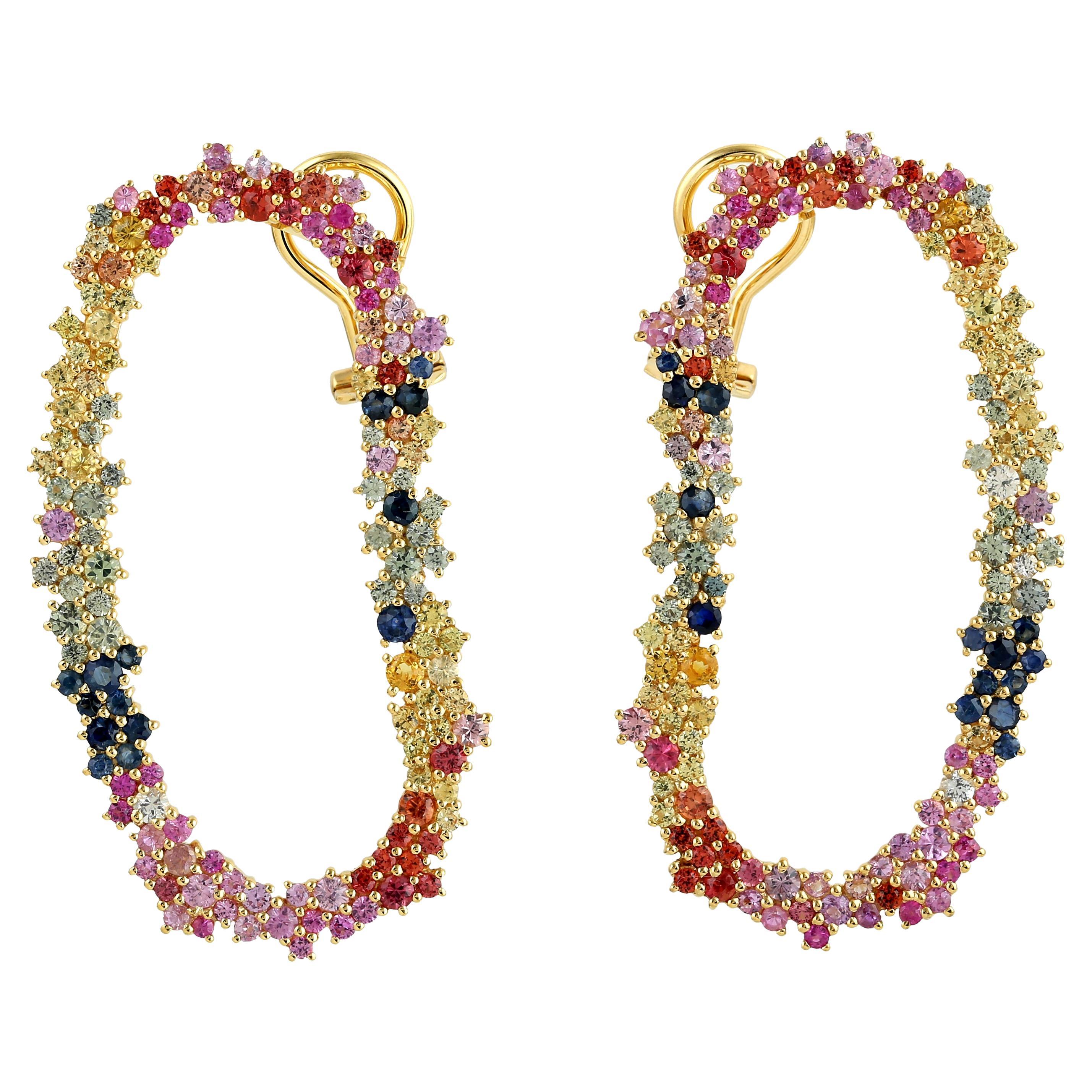 Multi Sapphire Handmade Stud Earrings Made In 18k Yellow Gold