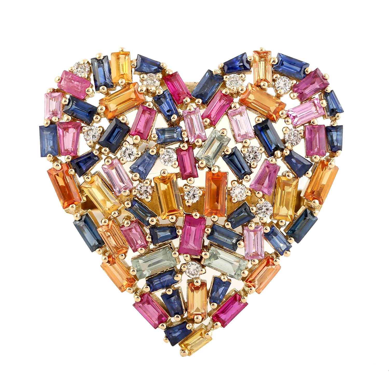 Taille baguette Bague cœur en or 14 carats avec saphirs multicolores et diamants baguettes en vente