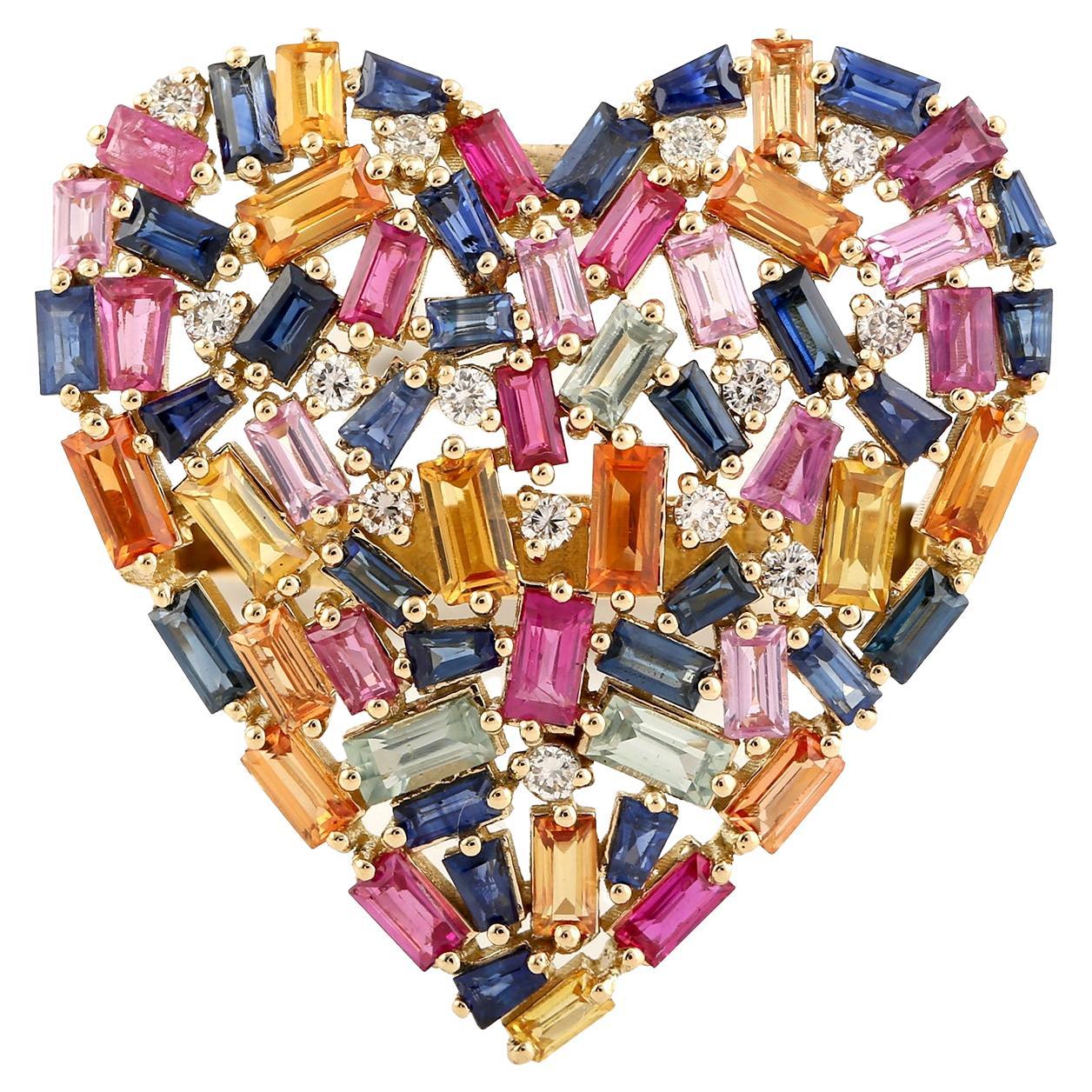 Bague cœur en or 14 carats avec saphirs multicolores et diamants baguettes en vente