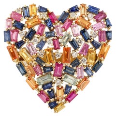Bague cœur en or 14 carats avec saphirs multicolores et diamants baguettes