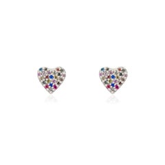 Multi Sapphire Heart Stud in 14k White Gold Earrings Birthday Gift for Her