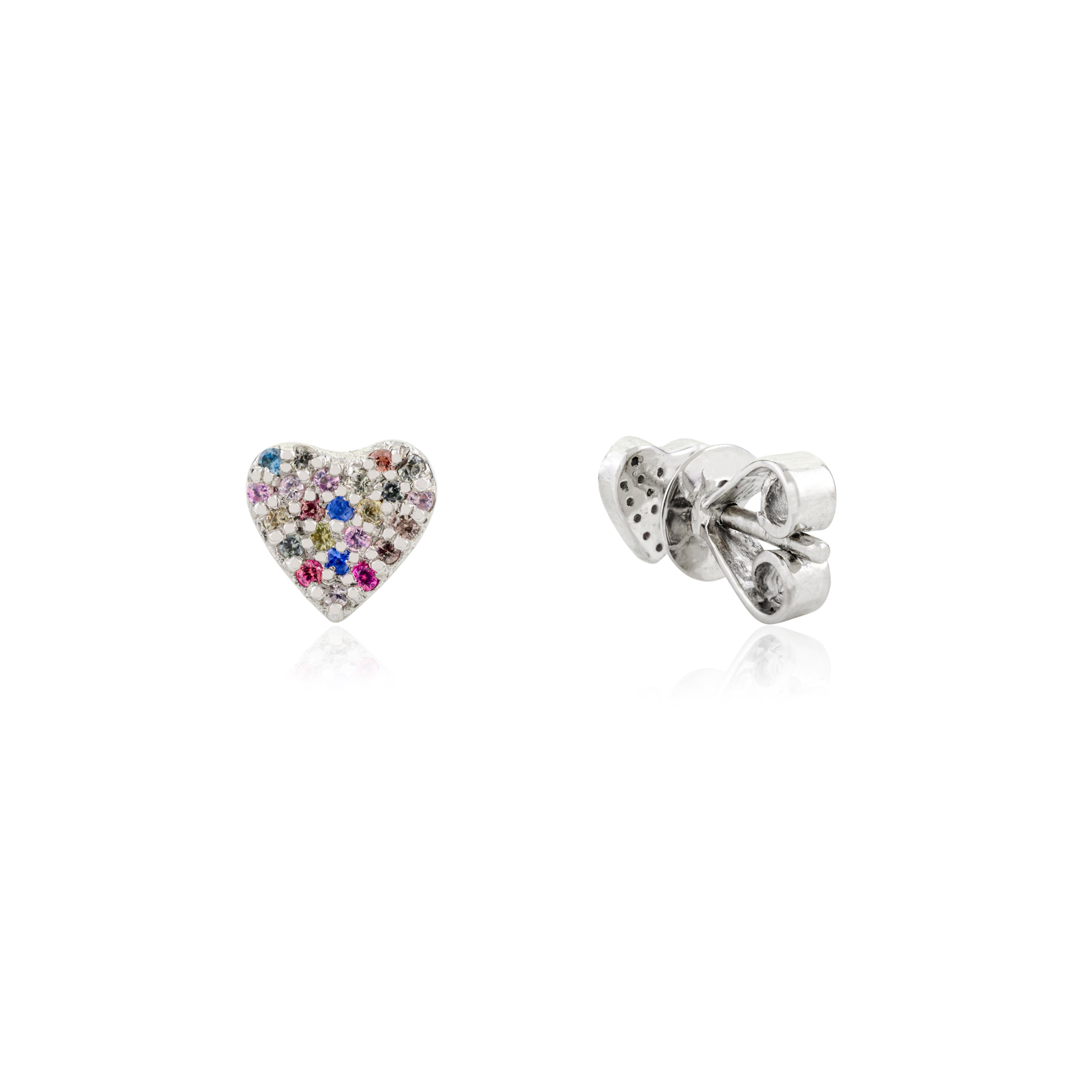 Orecchini a cuore con zaffiro multiplo in oro bianco 14k Regalo di compleanno per lei in vendita 1