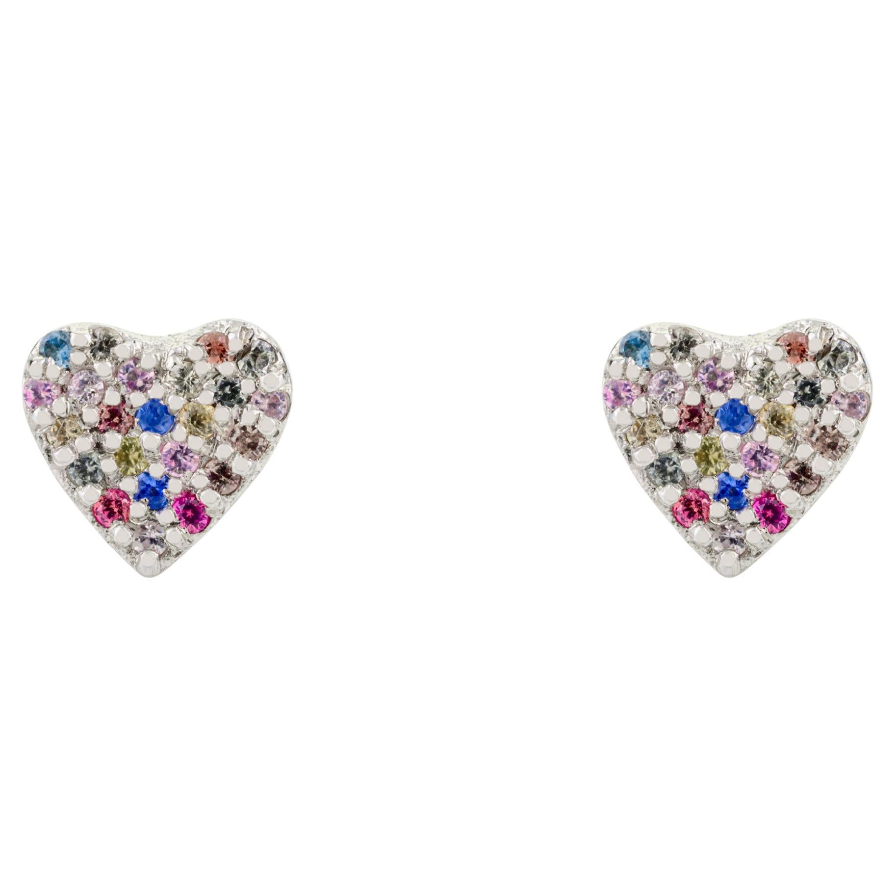 Multi Sapphire Heart Stud in 14k White Gold Earrings Birthday Gift for Her