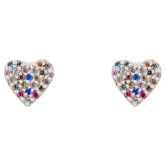Multi Sapphire Heart Stud in 14k White Gold Earrings Birthday Gift for Her