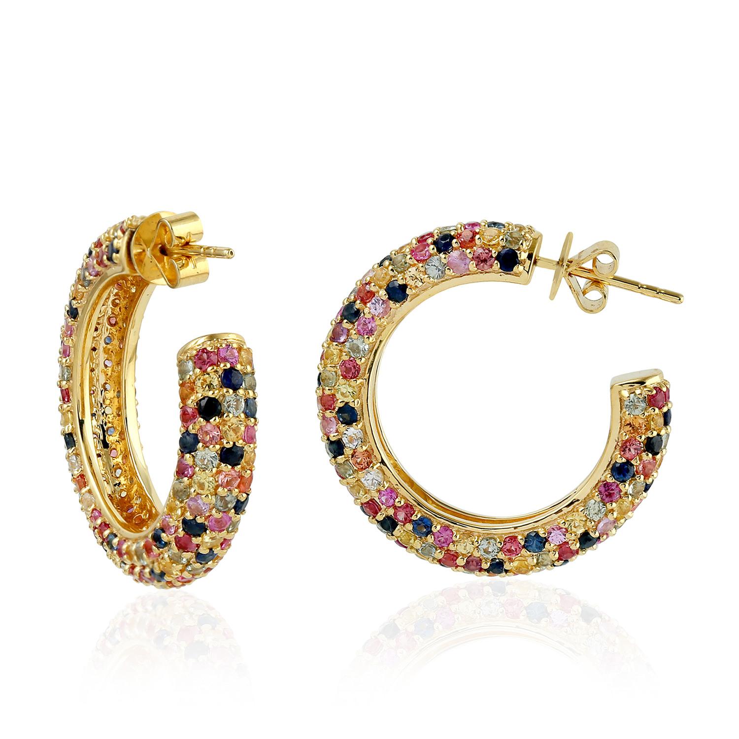 Artisan Multi Sapphire Hoop Earrings Made In 18k Yellow Gold