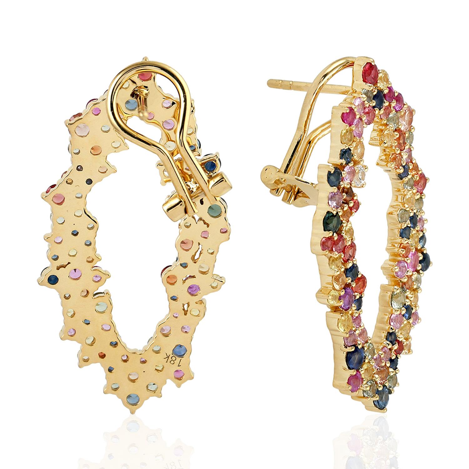 Artisan Multi Sapphire Hoop Earrings Made In 18k Yellow Gold For Sale