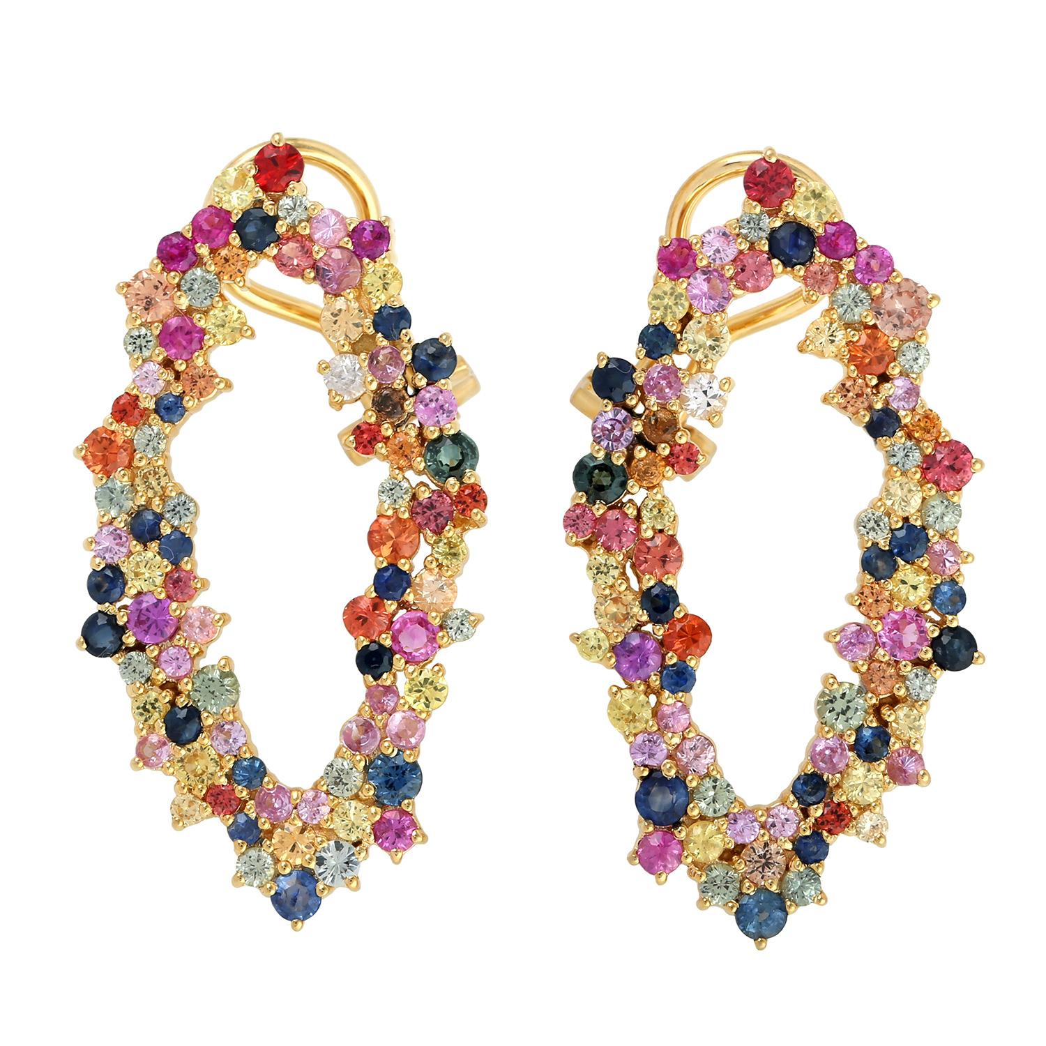 Mixed Cut Multi Sapphire Hoop Earrings Made In 18k Yellow Gold For Sale