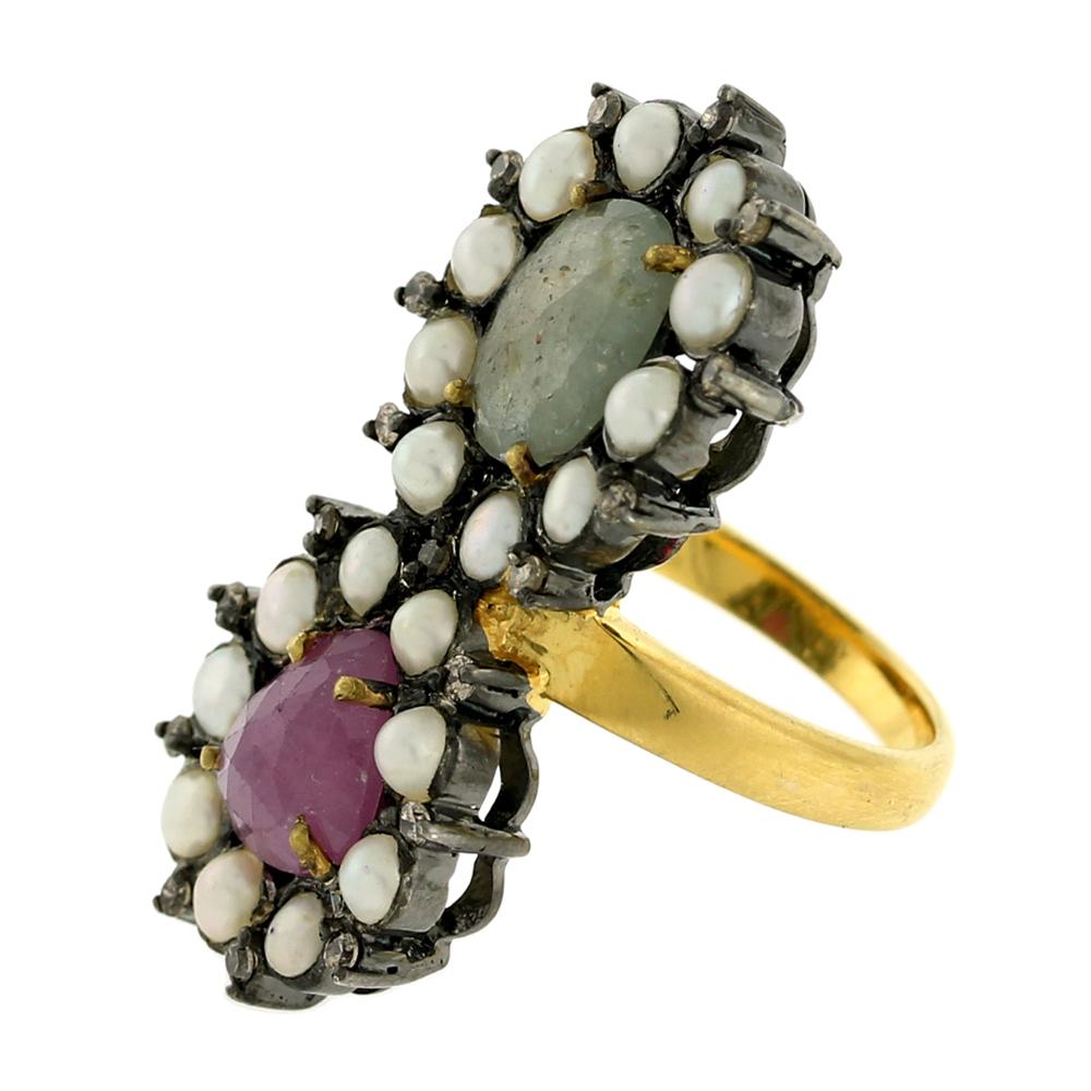 Contemporary Multi Sapphire Long Ring Accented With Pearl & Diamonds In 18k Gold & Silver For Sale