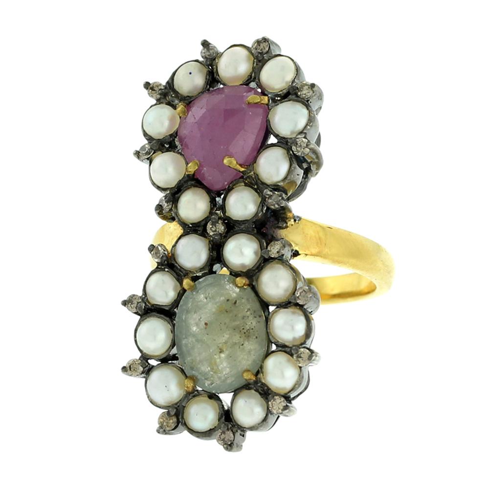 Mixed Cut Multi Sapphire Long Ring Accented With Pearl & Diamonds In 18k Gold & Silver For Sale