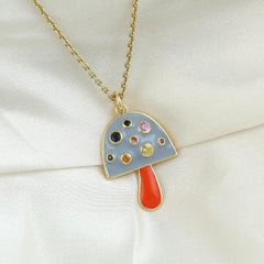 Multi Sapphire Mushroom Charm Enameled Pendant Made In 14k Yellow Gold