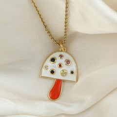Multi Sapphire Mushroom Enamel Pendant Made In 14k Yellow Gold
