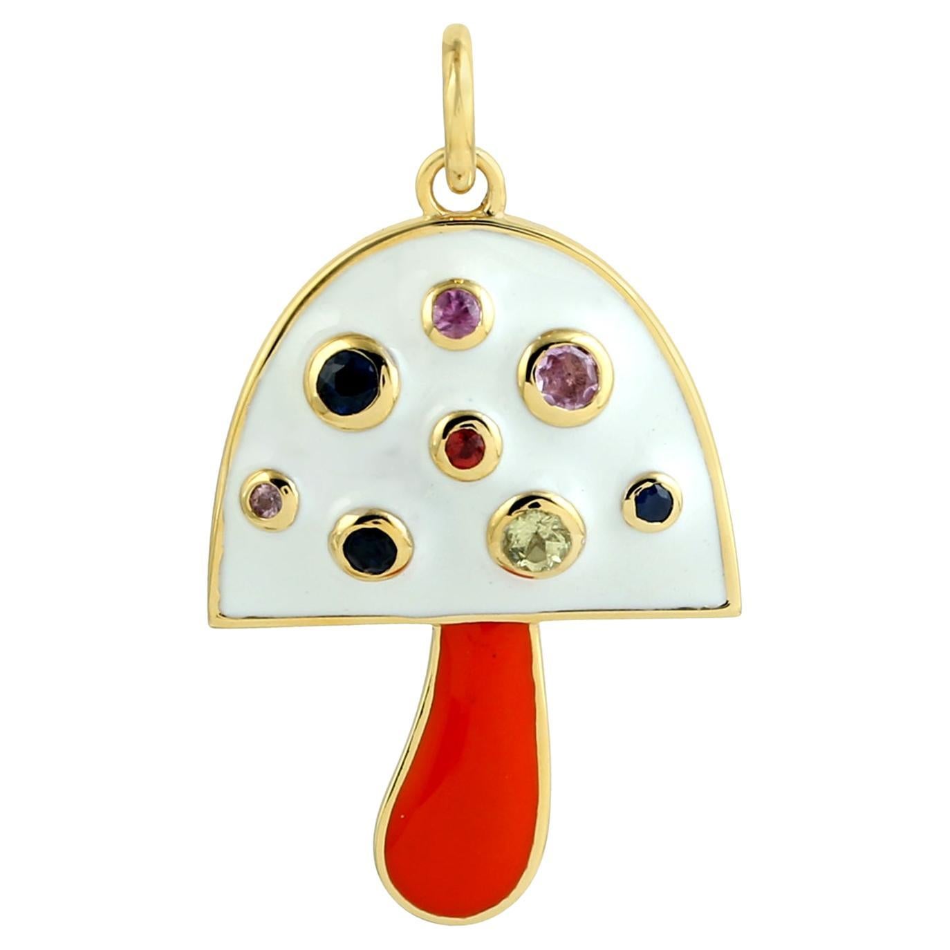 Ciondolo con smalto multi zaffiro e fungo in oro giallo 14k