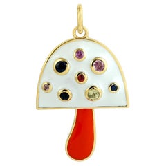 Pendentif champignon émaillé de plusieurs saphirs en or jaune 14 carats