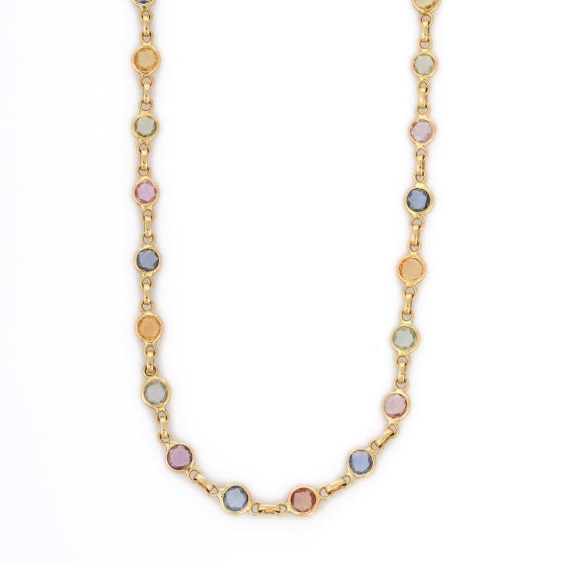 Round Cut Multi-Sapphire Necklace in 18K Yellow Gold For Sale