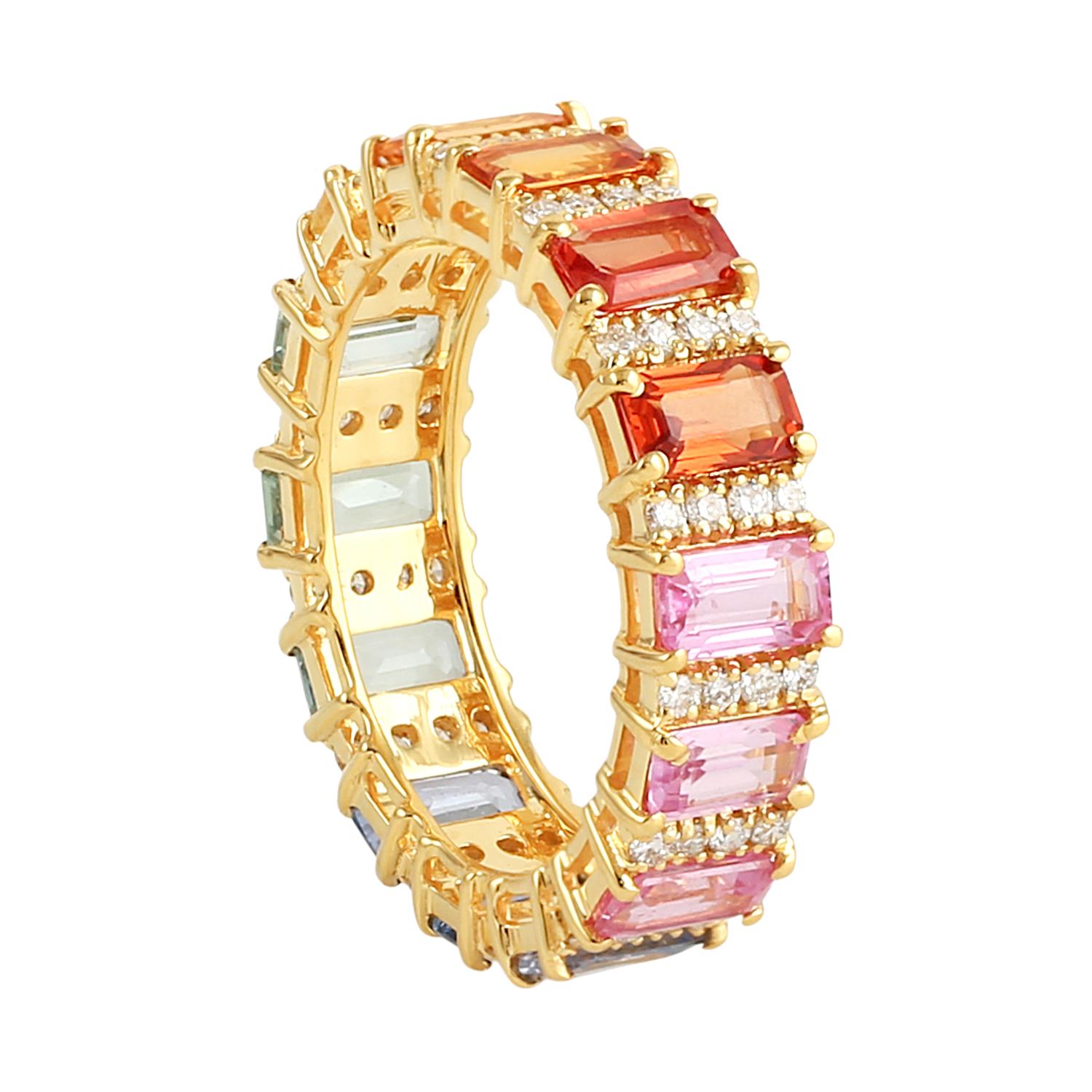 Artisan Multi Sapphire Ombre Ring With Diamonds In 18k Yellow Gold en vente