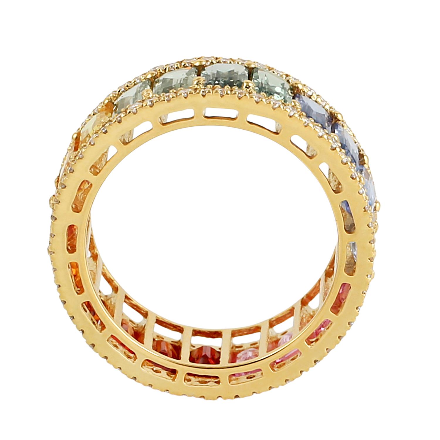 Taille mixte Bague en or jaune 18 carats avec saphirs et diamants en vente