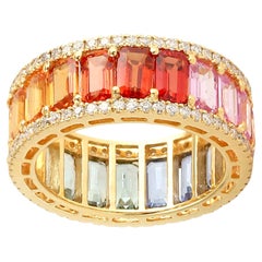 Multi Sapphire Ombre Ring With Diamonds Made In 18k Yellow Gold