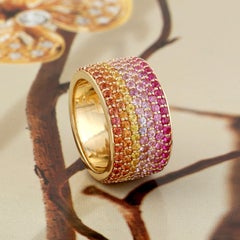 Multi Sapphire Pave Cigar Band Ring Made In 18k Yellow Gold