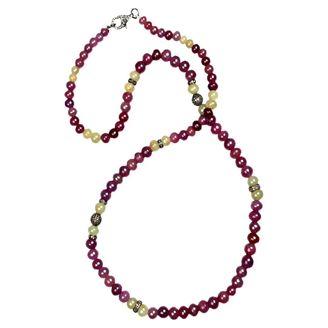 Multi Sapphire & Pave Diamond Ball Beaded Necklace with Diamond Spacers For Sale