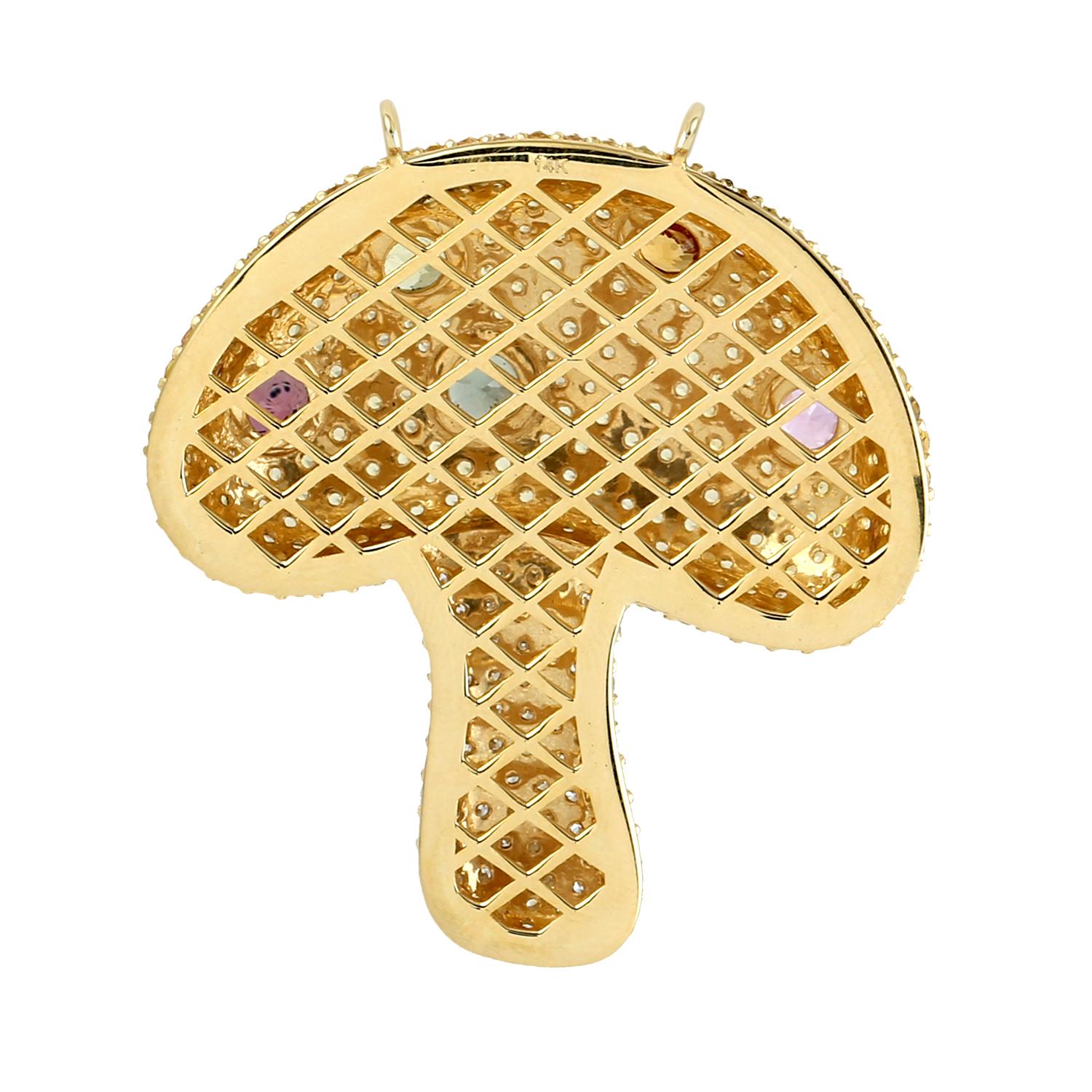 Multi Sapphire & Pave Diamond Mushroom Pendant Made In 14k Yellow Gold Art Decó en venta