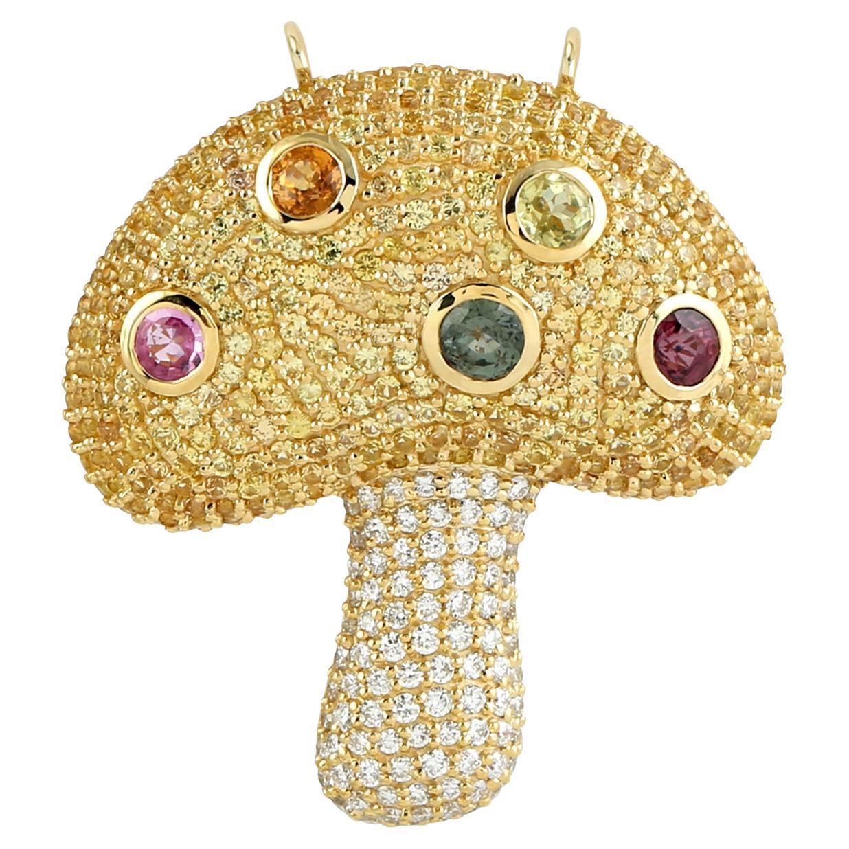 Multi Sapphire & Pave Diamond Mushroom Pendant Made In 14k Yellow Gold