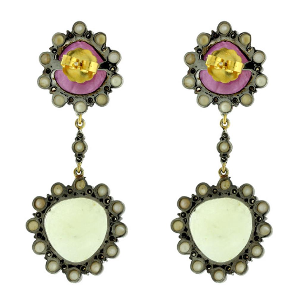 Contemporary Multi Sapphire & Pearl Dangle Earrings with Diamonds Made in 18k Gold & Silver For Sale