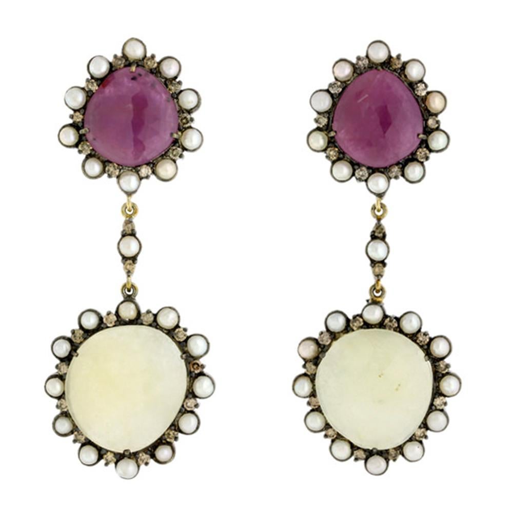 Contemporary Multi Sapphire & Pearl Dangle Earrings with Diamonds Made in 18k Gold & Silver For Sale