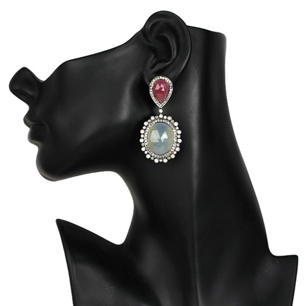 Art Nouveau Multi Sapphire & Pearl Dangle Earrings with Diamonds Made in 18k Gold & Silver For Sale