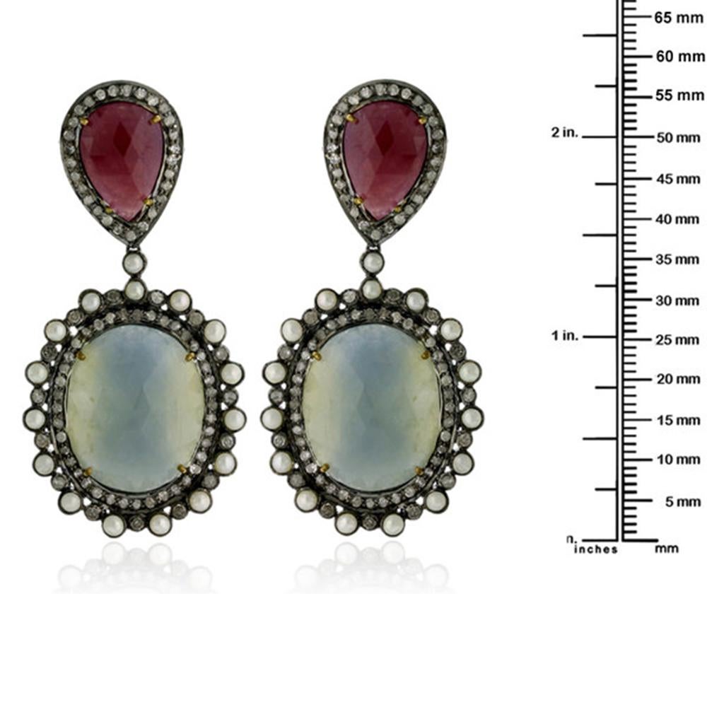 Mixed Cut Multi Sapphire & Pearl Dangle Earrings with Diamonds Made in 18k Gold & Silver For Sale