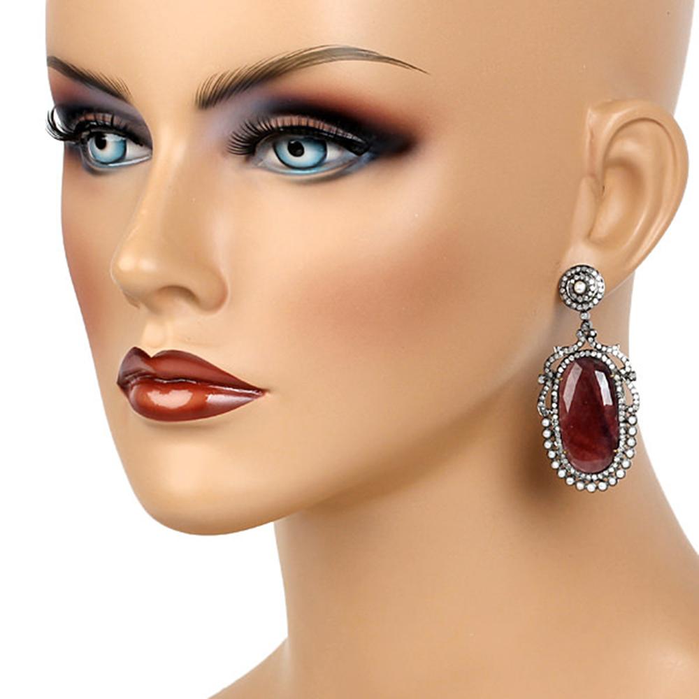 Art Nouveau Red Sapphire & Pearl Earring with Diamonds Made in 18k Gold & Silver For Sale