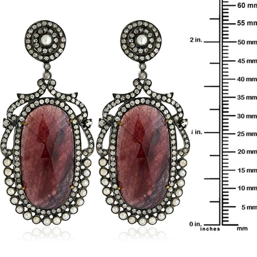 Mixed Cut Red Sapphire & Pearl Earring with Diamonds Made in 18k Gold & Silver For Sale