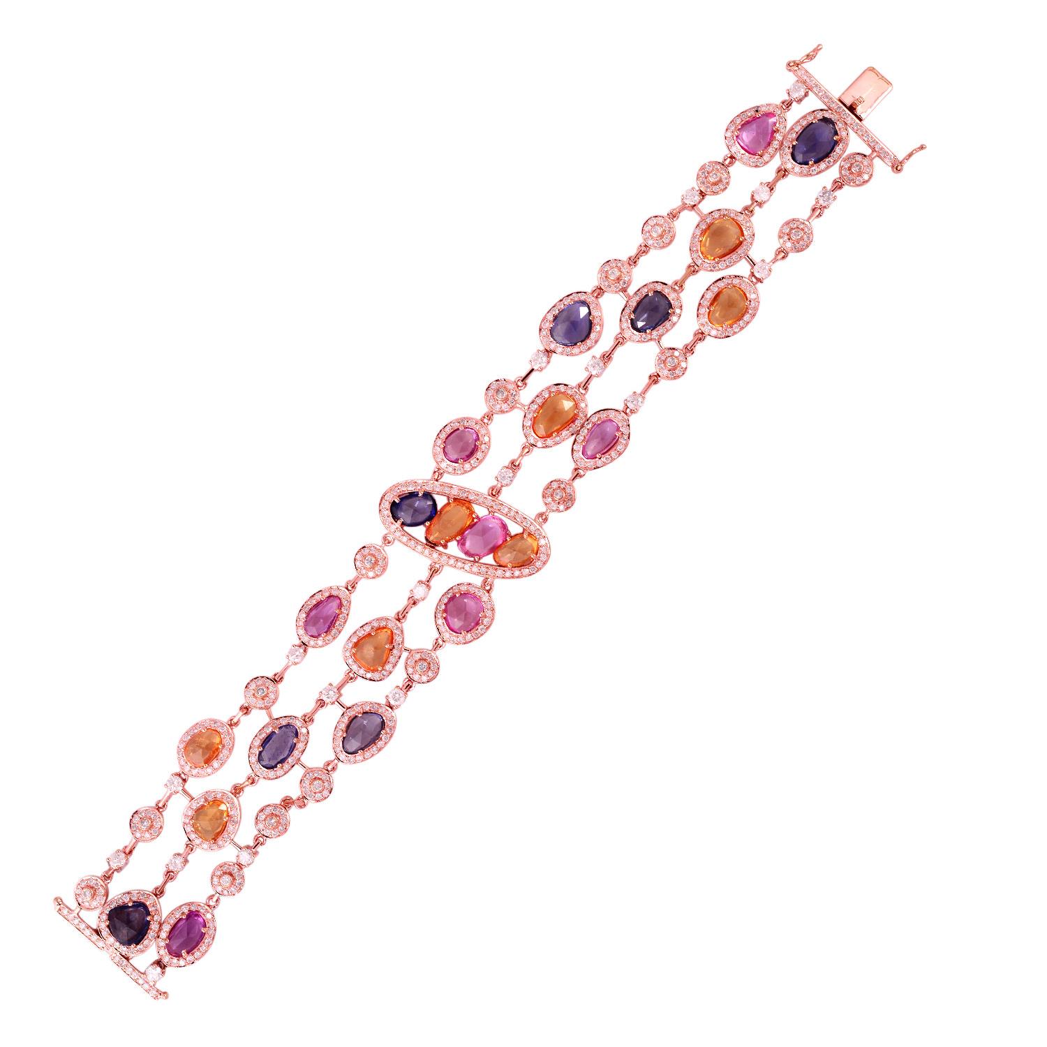 Art Deco Multi Sapphire Rainbow Bracelet with Diamonds in 18k Rose Gold For Sale