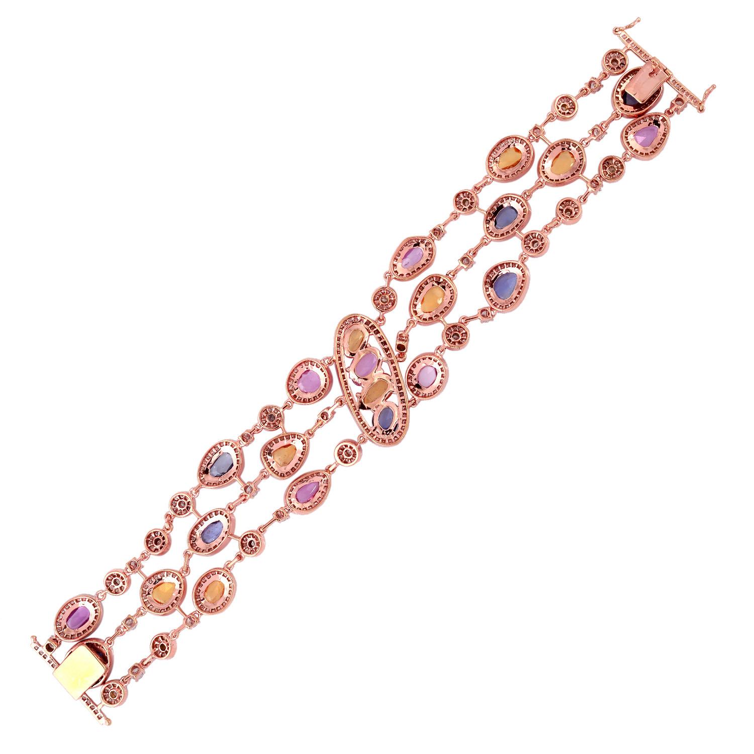 Mixed Cut Multi Sapphire Rainbow Bracelet with Diamonds in 18k Rose Gold For Sale