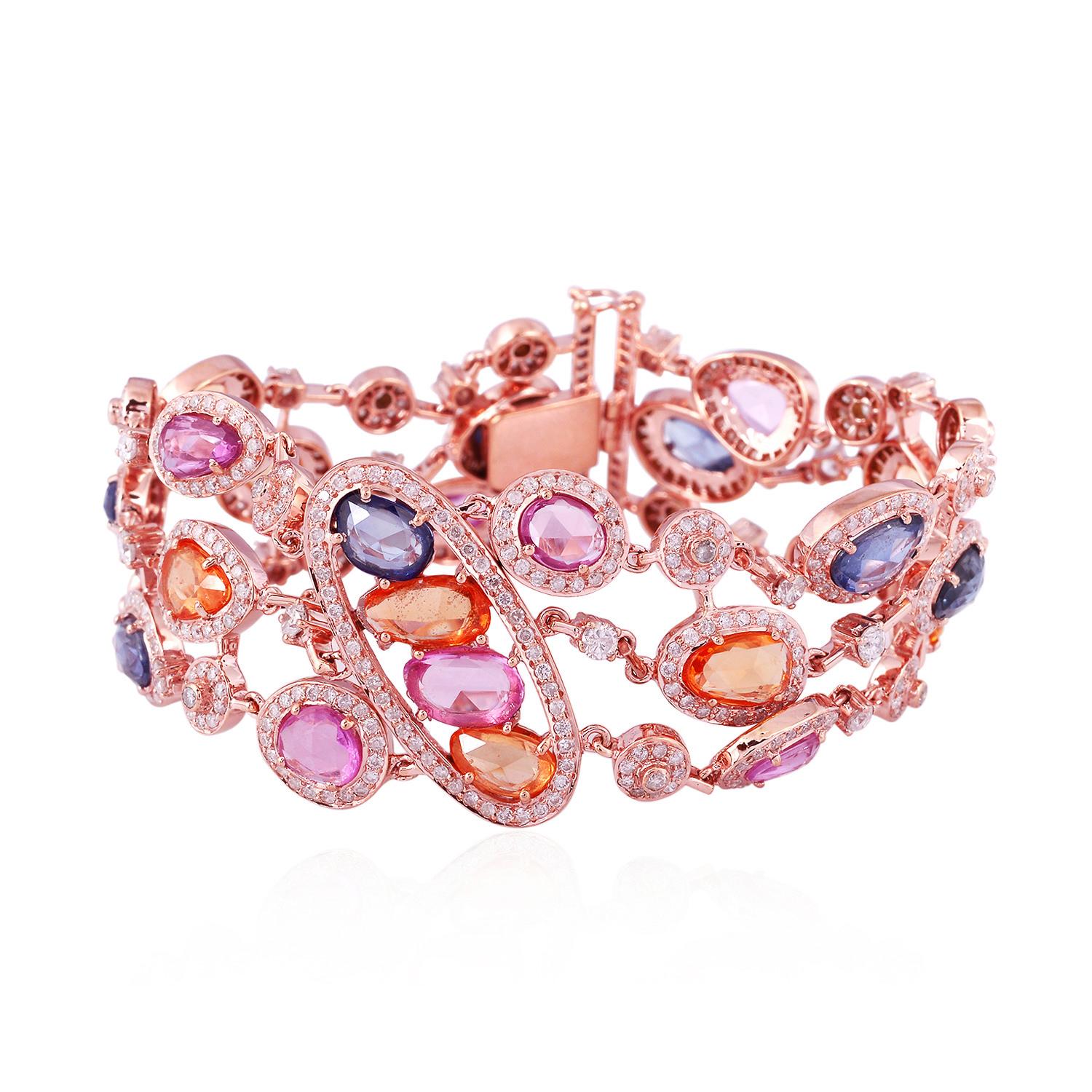 Multi Sapphire Rainbow Bracelet with Diamonds in 18k Rose Gold In New Condition For Sale In New York, NY