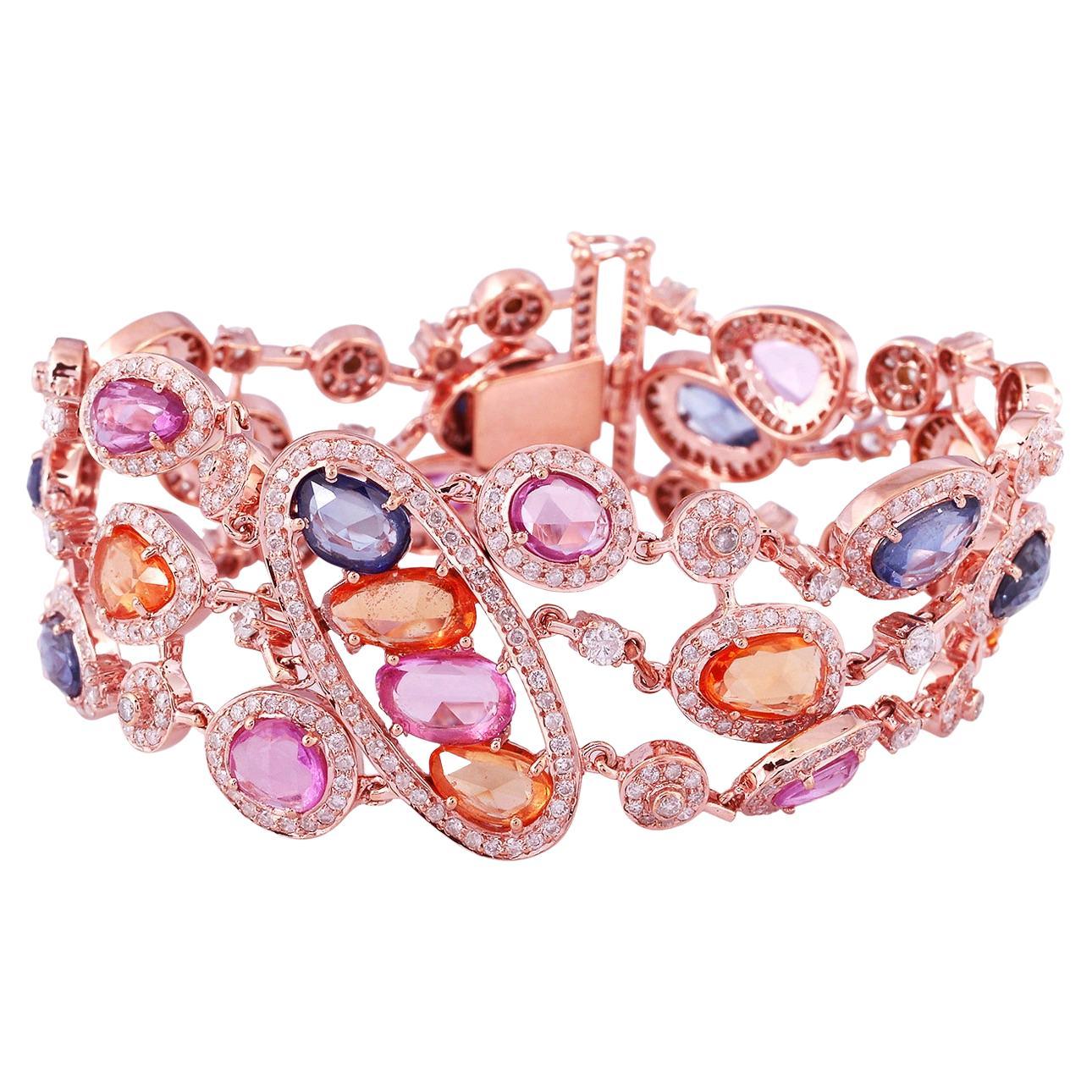 Multi Sapphire Rainbow Bracelet with Diamonds in 18k Rose Gold For Sale
