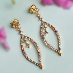 Multi Sapphire Rainbow Dangle Earrings Made In 18k Yellow Gold