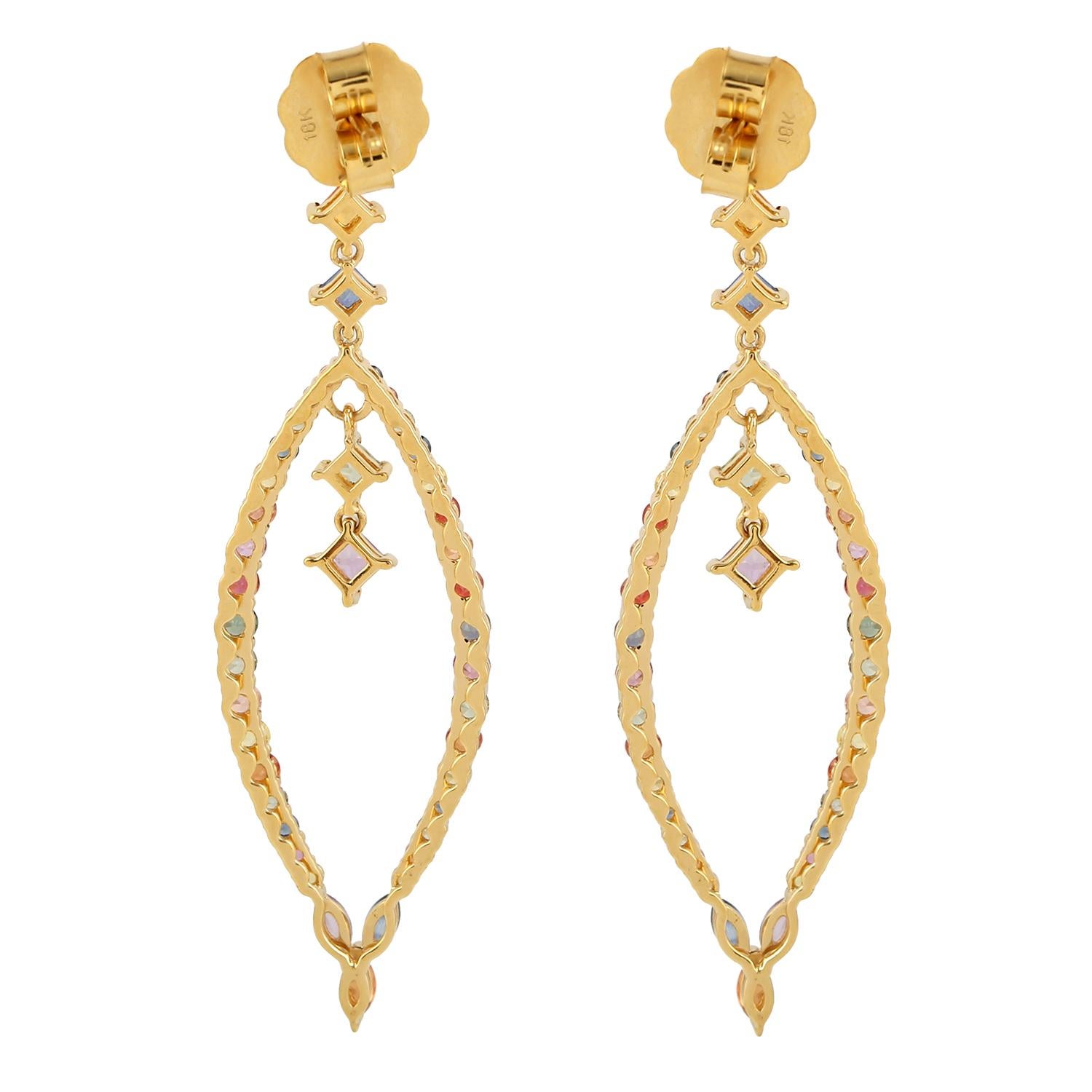 Artisan Multi Sapphire Rainbow Dangle Earrings Made In 18k Yellow Gold For Sale
