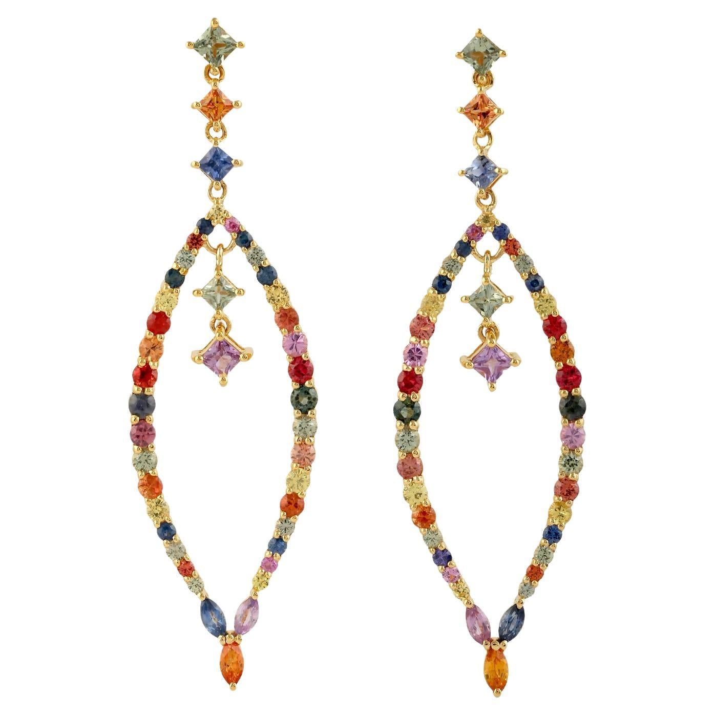 Multi Sapphire Rainbow Dangle Earrings Made In 18k Yellow Gold