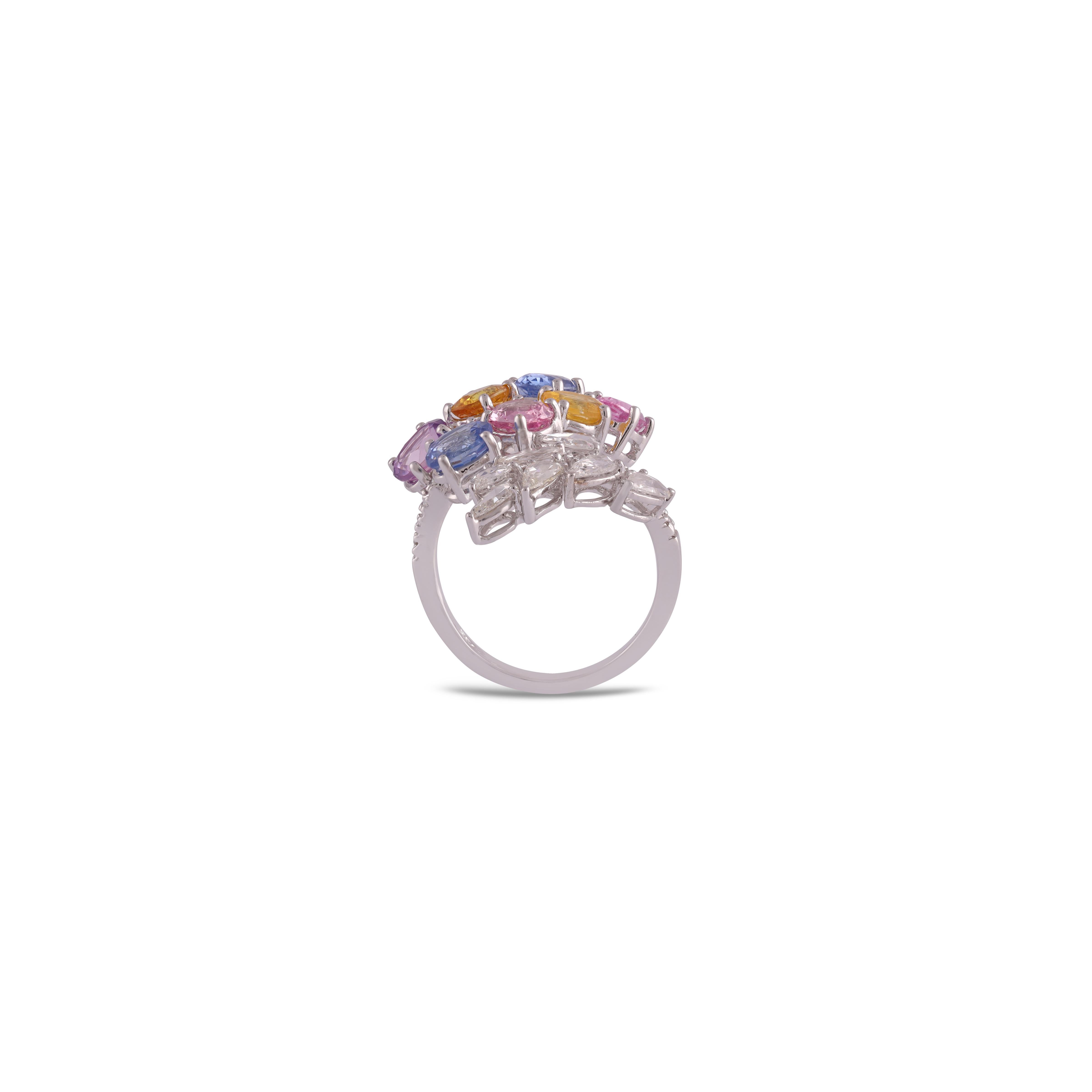 Modern Multi Sapphire Rainbow & Diamond Ring Studded in 18k  Gold For Sale