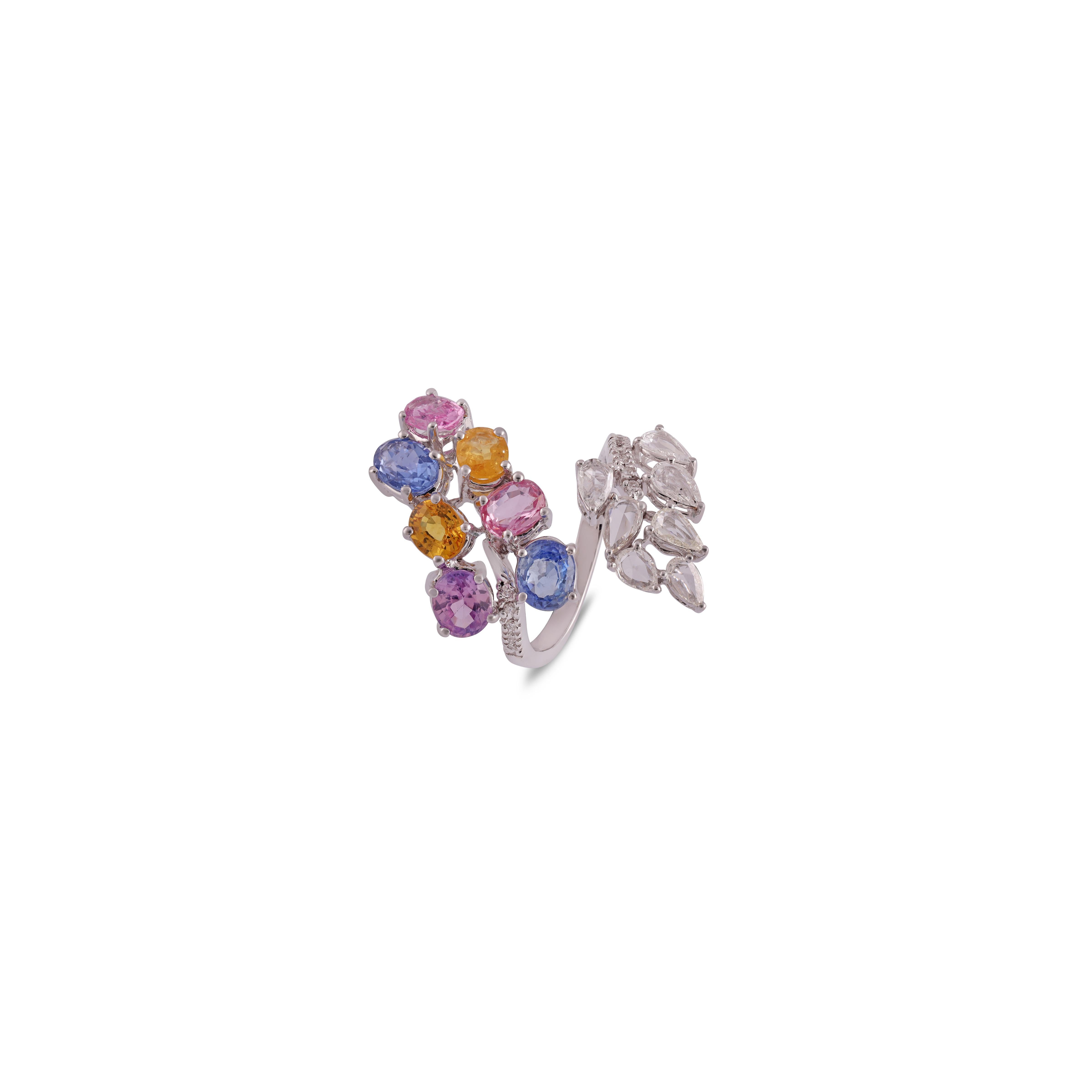Mixed Cut Multi Sapphire Rainbow & Diamond Ring Studded in 18k  Gold For Sale