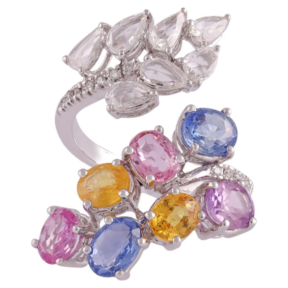 Multi Sapphire Rainbow & Diamond Ring Studded in 18k  Gold For Sale