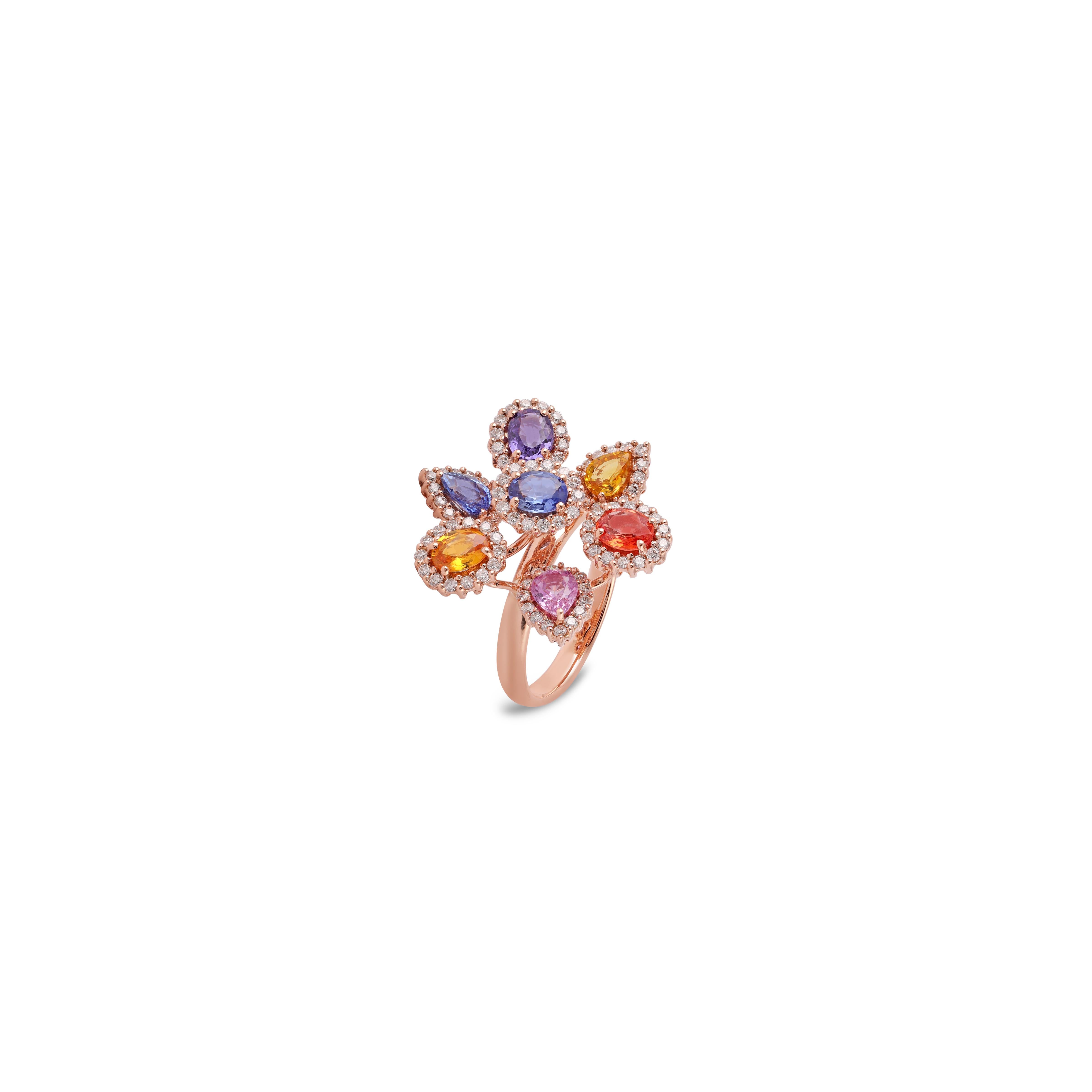 Artisan Multi Sapphire Rainbow & Diamond Ring Studded in 18k Rose Gold For Sale