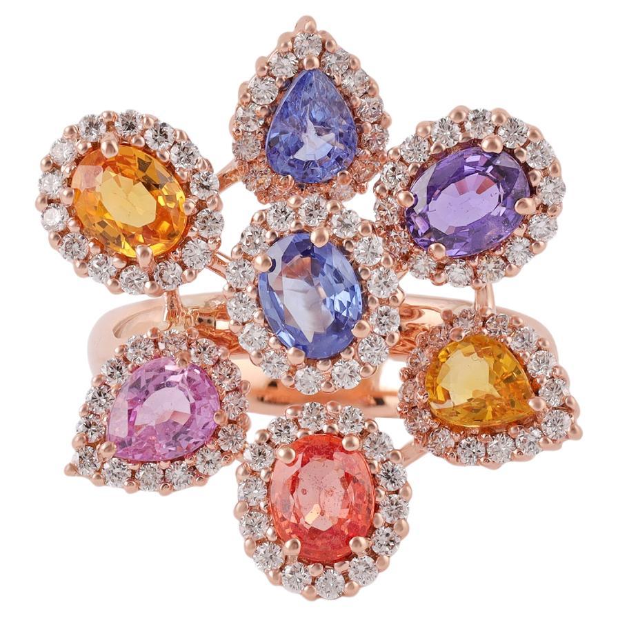 Multi Sapphire Rainbow & Diamond Ring Studded in 18k Rose Gold For Sale