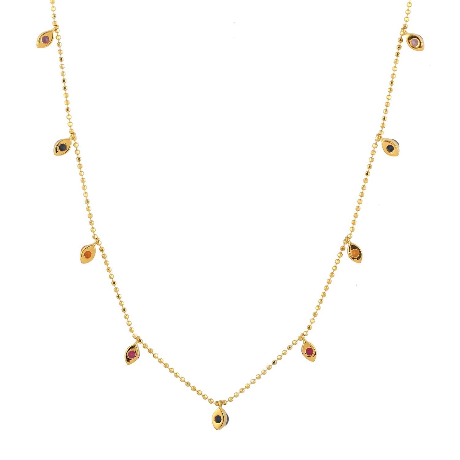 Art Deco Multi Sapphire Rainbow Princess Chain Necklace  Made In 18k yellow Gold For Sale