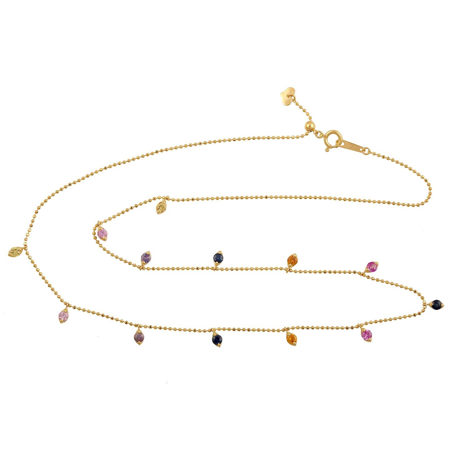 Women's Multi Sapphire Rainbow Princess Chain Necklace  Made In 18k yellow Gold For Sale